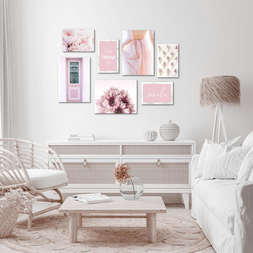 Novart Wandbilder Fashion - KOMPLETT AUFHÄNGFERTIG - Rosa Wohnzimmer Mädchen Teenager - 7 Moderne Mood-Bilder - N020471a