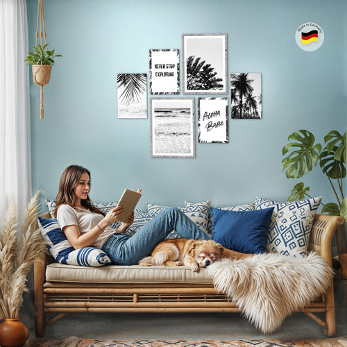 Novart Wandbilder Set Palmen Schwarz Weiss - KEIN EXTRA RAHMEN BENÖTIGT -  Modern Deko  - Wohnzimmer Schlafzimmer N013963a