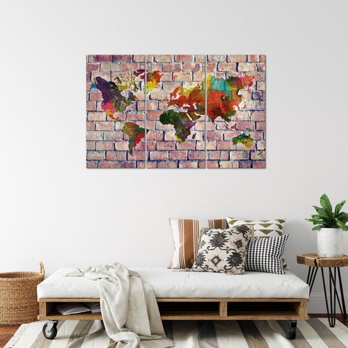 Runa Art Wandbilder Weltkarte Bild XXL Büro Wohnzimmer Rot Bunt Ziegelwand 120 x 80 cm 3 Teilig 106931c