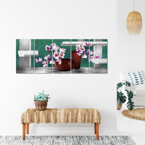 Runa Art Wandbild XXL Blumen Abstrakt Wohnzimmer Schlafzimmer 200 x 80 cm Türkis Grau 5 Teilig - Made in Germany - 035255b