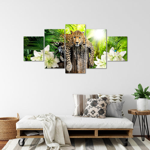 Runa Art - Bilder Afrika Leopard 200 x 100 cm 5 Teilig XXL Wanddekoration Design Grün 006751a