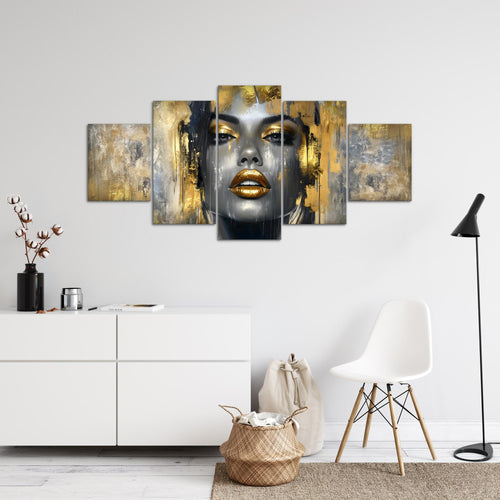Runa Art - Bilder Abstrakt 200 x 100 cm 5 Teilig XXL Wanddekoration Design Gesicht Gold 052851a
