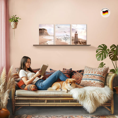 Novart Wandbilder Set Landschaft - KOMPLETT AUFHÄNGFERTIG - Wohnzimmer Schlafzimmer Büro Deko - 3 Moderne Bilder Küste - N040235a