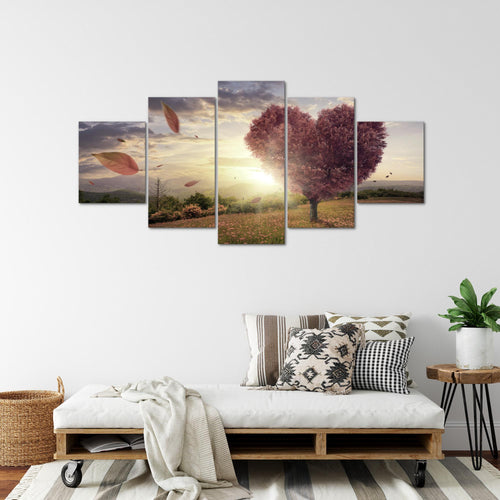 Runa Art - Bilder Herbst Baum Herz 200 x 100 cm 5 Teilig XXL Wanddekoration Design Beige Braun 605851c