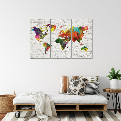 Runa Art Wandbilder Weltkarte Bild XXL Büro Wohnzimmer Grau Bunt Steinwand 120 x 80 cm 3 Teilig 106931b