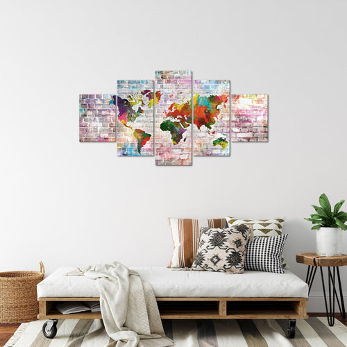 Runa Art Bild Büro Wohnzimmer Weltkarte 5 Teilig Steinoptik Ziegel Bunt Wandbilder auf Vlies Leinwand 106953a