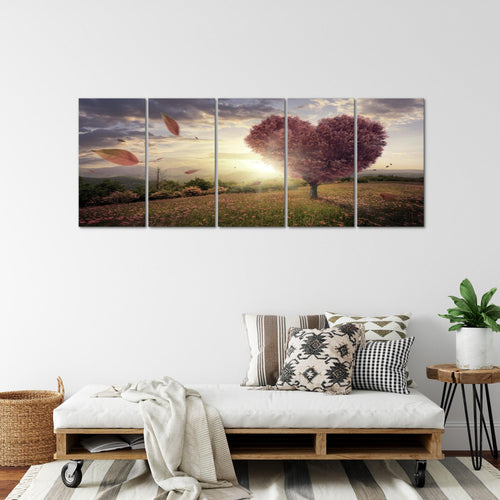Runa Art Wandbild XXL Herbst Baum Herz Wohnzimmer Schlafzimmer 200 x 80 cm Beige Braun 5 Teilig - Made in Germany - 605855c