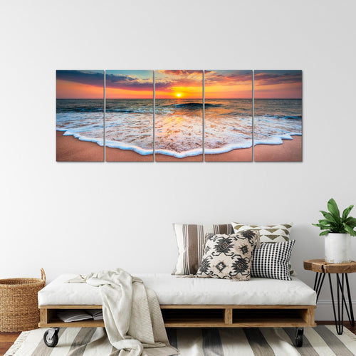 Runa Art Wandbild XXL Strand Meer Wohnzimmer Schlafzimmer 200 x 80 cm Orange 5 Teilig - Made in Germany - 044555a