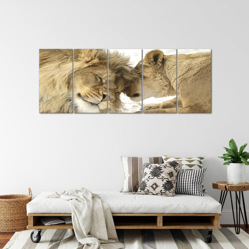 Runa Art Wandbild XXL Löwen Liebe Wohnzimmer Schlafzimmer 200 x 80 cm Beige 5 Teilig - Made in Germany - 002155a