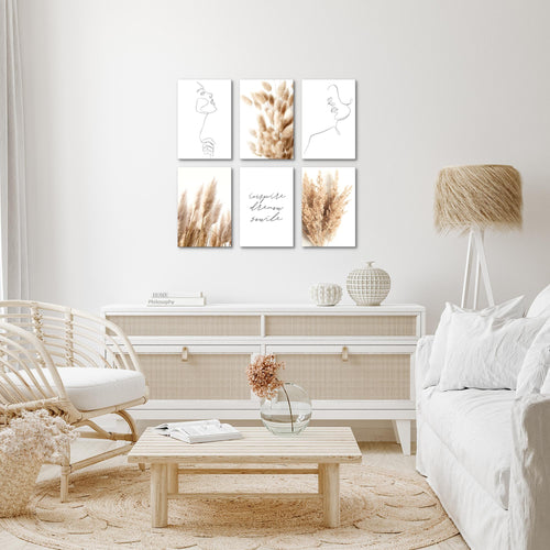 Novart Wandbilder Set Boho Pampasgras - KOMPLETT AUFHÄNGFERTIG - Made in Germany - Moderne Bilder  Wohnzimmer Schlafzimmer - N012464a