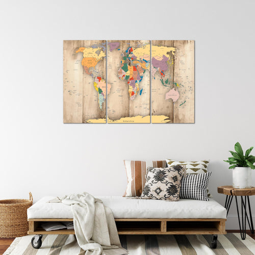 Runa Art Wandbilder Weltkarte Holz Bild XXL Büro Wohnzimmer Biege Kontinente 120 x 80 cm 3 Teilig 108731a