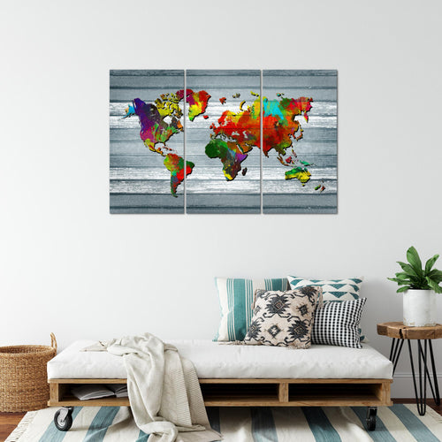 Runa Art Wandbilder Weltkarte Bild XXL Büro Wohnzimmer Bunt Kontinente Holz 120 x 80 cm 3 Teilig 105431c