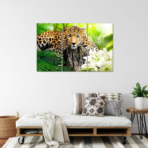 Runa Art Wandbilder Afrika Leopard Bild XXL Wohnzimmer Schlafzimmer Grün Raubkatze Dschungel 120 x 80 cm 3 Teilig 006731b