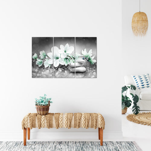 Runa Art Wandbilder Blumen Magnolien Bild XXL Wohnzimmer Schlafzimmer Grau Türkis Abstrakt 120 x 80 cm 3 Teilig 035431b