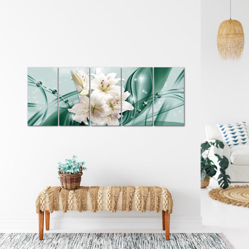 Runa Art Wandbild XXL Blumen Lilien Wohnzimmer Schlafzimmer 200 x 80 cm Grün 5 Teilig - Made in Germany - 017155b