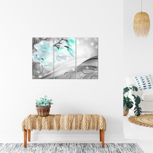 Runa Art Wandbilder Blumen Abstrakt Bild XXL Wohnzimmer Schlafzimmer Grau Türkis Diamant 120 x 80 cm 3 Teilig 035331c