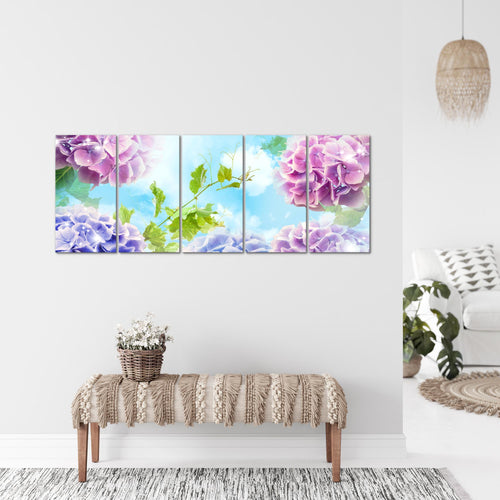 Runa Art Wandbild XXL Blumen Hortensien Wohnzimmer Schlafzimmer 200 x 80 cm Bunt 5 Teilig - Made in Germany - 017555c