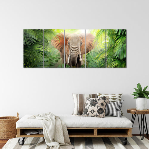 Runa Art Wandbild XXL Elefant Abstrakt Wohnzimmer Schlafzimmer 200 x 80 cm Grün 5 Teilig - Made in Germany - 037555b