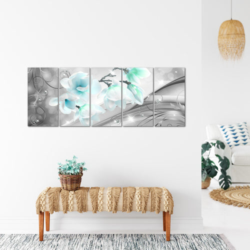Runa Art Wandbild XXL Blumen Abstrakt Wohnzimmer Schlafzimmer 200 x 80 cm Grau Türkis 5 Teilig - Made in Germany - 035355c