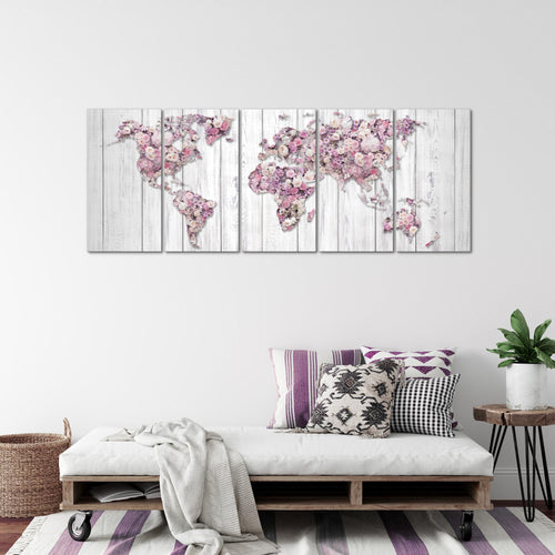 Runa Art Wandbild XXL Weltkarte Blumen Wohnzimmer Schlafzimmer 200 x 80 cm Grau Rosa 5 Teilig - Made in Germany - 023255b
