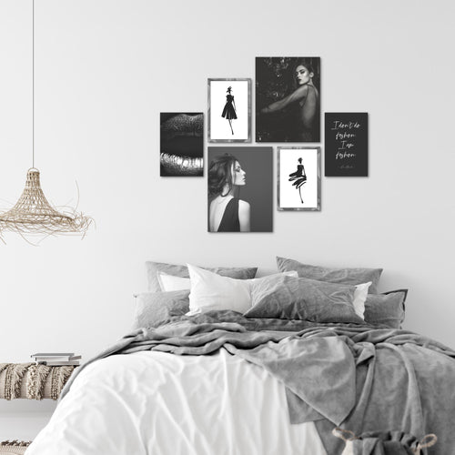 Novart Wandbilder Set Fashion Schwarz Weiss - KEIN EXTRA RAHMEN BENÖTIGT -  Modern Deko  - Wohnzimmer Mädchen Teenager N000863a