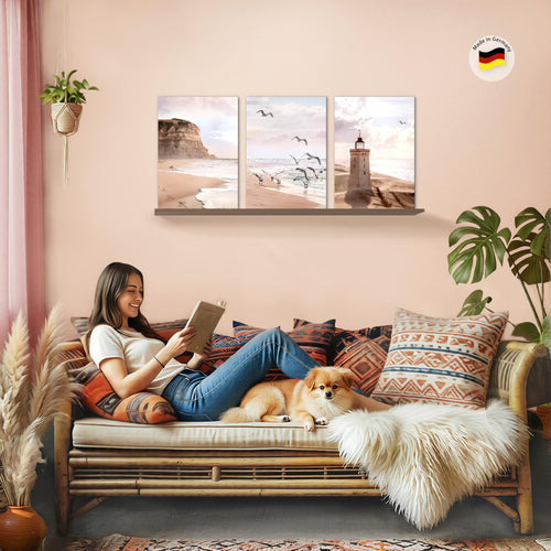 Novart Bilder Set Landschaft - KEIN EXTRA RAHMEN BENÖTIGT - Wandbilder für Wohnzimmer Schlafzimmer Büro - 3 Teilig Deko Küste - N040236a