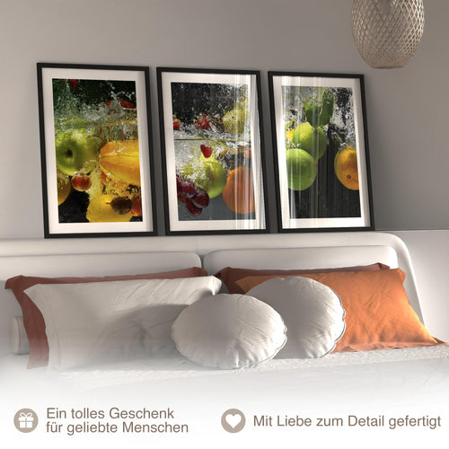 Novart Wandbilder mit Rahmen Früchte - Küche Wanddeko - 3 Bilder Set 128x60 cm Grün - N100536aR2