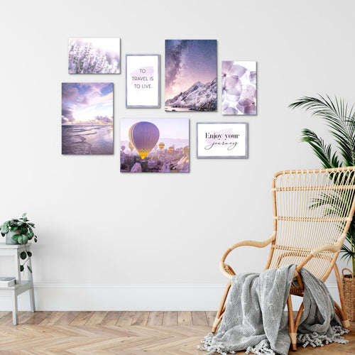 Novart Wandbilder Natur Blumen - KOMPLETT AUFHÄNGFERTIG - Violett Lila Rosa Wohnzimmer Schlafzimmer - 7 Moderne Mood-Bilder - N006471a