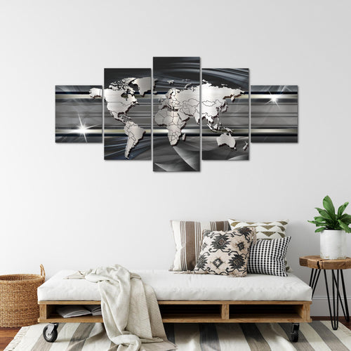 Runa Art - Bilder Weltkarte 200 x 100 cm 5 Teilig XXL Wanddekoration Design Schwarz Weiss 107951a