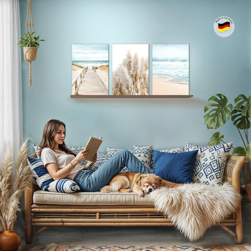 Novart Bilder Set Landschaft - KEIN EXTRA RAHMEN BENÖTIGT - Wandbilder für Wohnzimmer Schlafzimmer Büro - 3 Teilig Deko Strand - N004836a