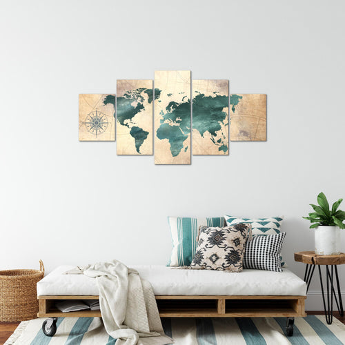 Runa Art Bild Büro Wohnzimmer Weltkarte 5 Teilig Antik Grün braun Wandbilder auf Vlies Leinwand 026053a