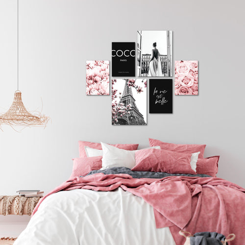 Novart Wandbilder Set Fashion Paris Rosa - KEIN EXTRA RAHMEN BENÖTIGT -  Modern Deko  - Wohnzimmer Mädchen Teenager N008363a