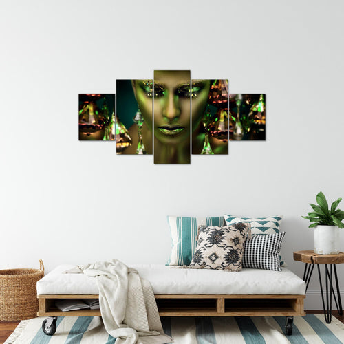 Runa Art Bild Wohnzimmer Schlafzimmer Frau Gesicht Lippen 5 Teilig Kosmetik Fashion Grün Gold Wandbilder auf Vlies Leinwand 042153b