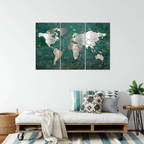 Runa Art Wandbilder Weltkarte Bild XXL Büro Wohnzimmer Grün Silber Vintage 120 x 80 cm 3 Teilig 109031c