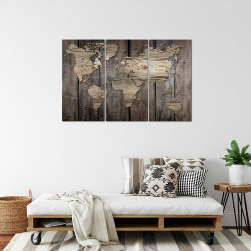 Runa Art Wandbilder Weltkarte Bild XXL Büro Wohnzimmer Beige Braun Holzoptik 120 x 80 cm 3 Teilig 035031b