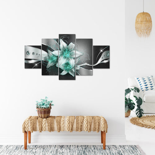 Runa Art Bild Wohnzimmer Schlafzimmer Blumen Lilien 5 Teilig Abstrakt Schwarz Türkis Wandbilder auf Vlies Leinwand 039653b