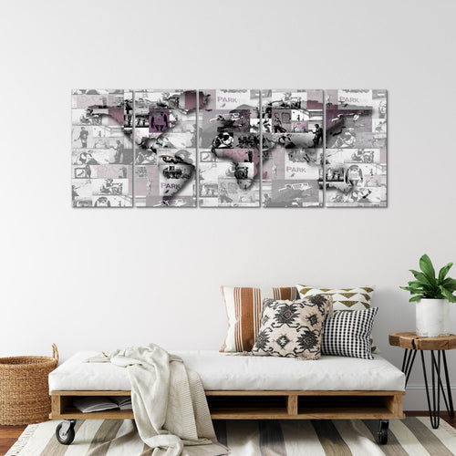 Runa Art Wandbild XXL Weltkarte Banksy Collage Loft Wohnzimmer 200 x 80 cm Rosa 5 Teilig - Made in Germany - 104555b