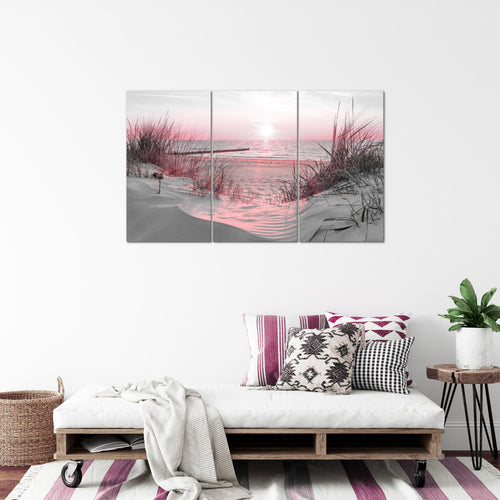 Runa Art Wandbilder Strand Sonnenuntergang Bild XXL Schlafzimmer Wohnzimmer Rosa Grau Meer Natur 120 x 80 cm 3 Teilig 041731b