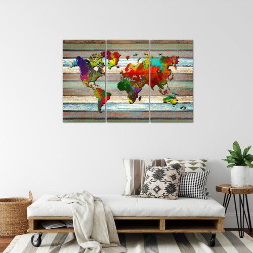 Runa Art Wandbilder Weltkarte Bild XXL Büro Wohnzimmer Bunt Vintage Holz 120 x 80 cm 3 Teilig 105431a