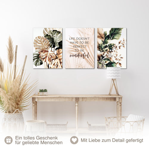 Novart Bilder Set Blumen Pflanzen - KEIN EXTRA RAHMEN BENÖTIGT - Wandbilder für Wohnzimmer Schlafzimmer Büro - 3 Teilig Deko Blätter - N043436a
