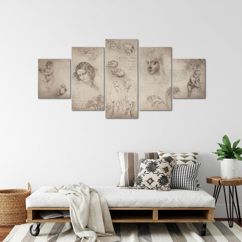 Runa Art - Bilder Berühmte Maler 200 x 100 cm 5 Teilig XXL Wanddekoration Design Skizzen Beige 010351a