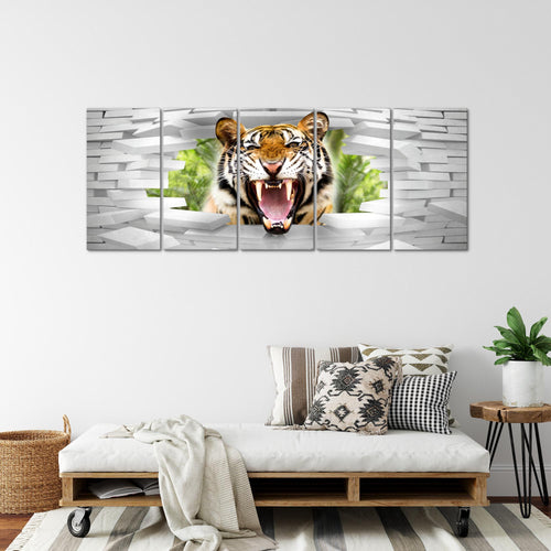 Runa Art Wandbild XXL Tieger Abstrakt Wohnzimmer Schlafzimmer 200 x 80 cm Bunt 5 Teilig - Made in Germany - 037455a
