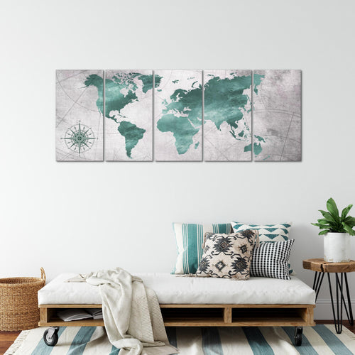 Runa Art Wandbild XXL Weltkarte Büro Wohnzimmer 200 x 80 cm Grün Grau 5 Teilig - Made in Germany - 026055c