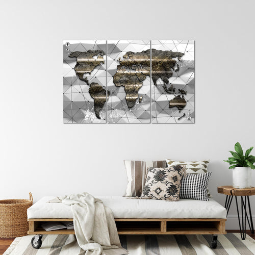 Runa Art Wandbilder Weltkarte Bild XXL Büro Wohnzimmer Grau 3D Effekt 120 x 80 cm 3 Teilig 005231c