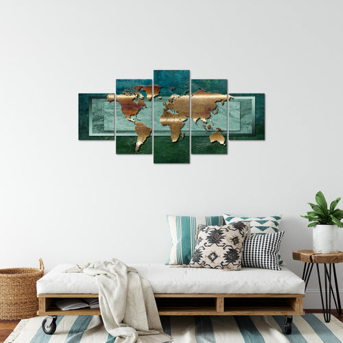 Runa Art Bild Büro Wohnzimmer Weltkarte 5 Teilig Landkarte metall Grün Wandbilder auf Vlies Leinwand 106753b