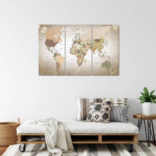 Runa Art Wandbilder Weltkarte Bild XXL Büro Wohnzimmer Beige Kontinente 120 x 80 cm 3 Teilig 023331b