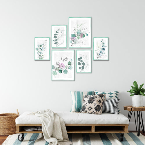 Novart Wandbilder Set Eukalyptus Pflanze Grüne Blätter  - KEIN EXTRA RAHMEN BENÖTIGT -  Modern Deko  - Wohnzimmer Schlafzimmer N003863a