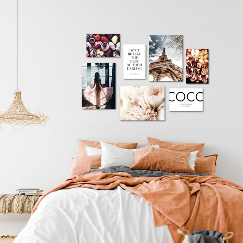 Novart Wandbilder Fashion Paris - KOMPLETT AUFHÄNGFERTIG - Coco Wohnzimmer Mädchen Teenager - 7 Moderne Mood-Bilder - N008271a