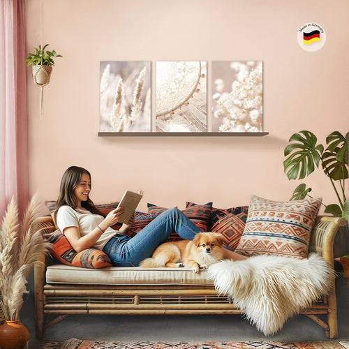 Novart Bilder Set Blumen Pflanzen - KEIN EXTRA RAHMEN BENÖTIGT - Wandbilder für Wohnzimmer Schlafzimmer Büro - 3 Teilig Deko Gräser - N008736a