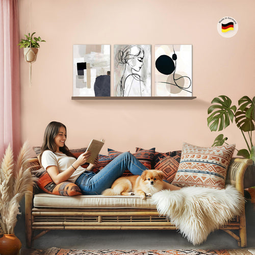 Novart Bilder Set Abstrakt - KEIN EXTRA RAHMEN BENÖTIGT - Wandbilder für Wohnzimmer Schlafzimmer Büro - 3 Teilig Deko Minimalismus - N041536a